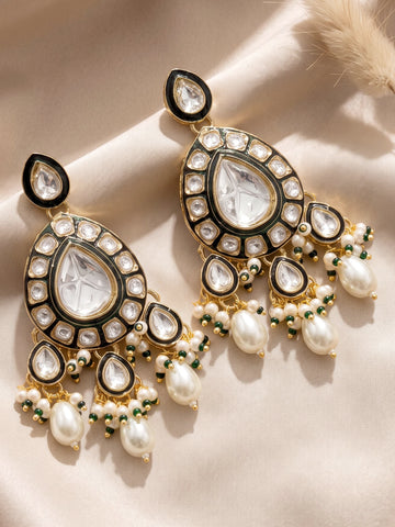 KARATCART Designer Gold-Plated Kundan Polki Green Enamel Pearl Dangler Earrings for Women