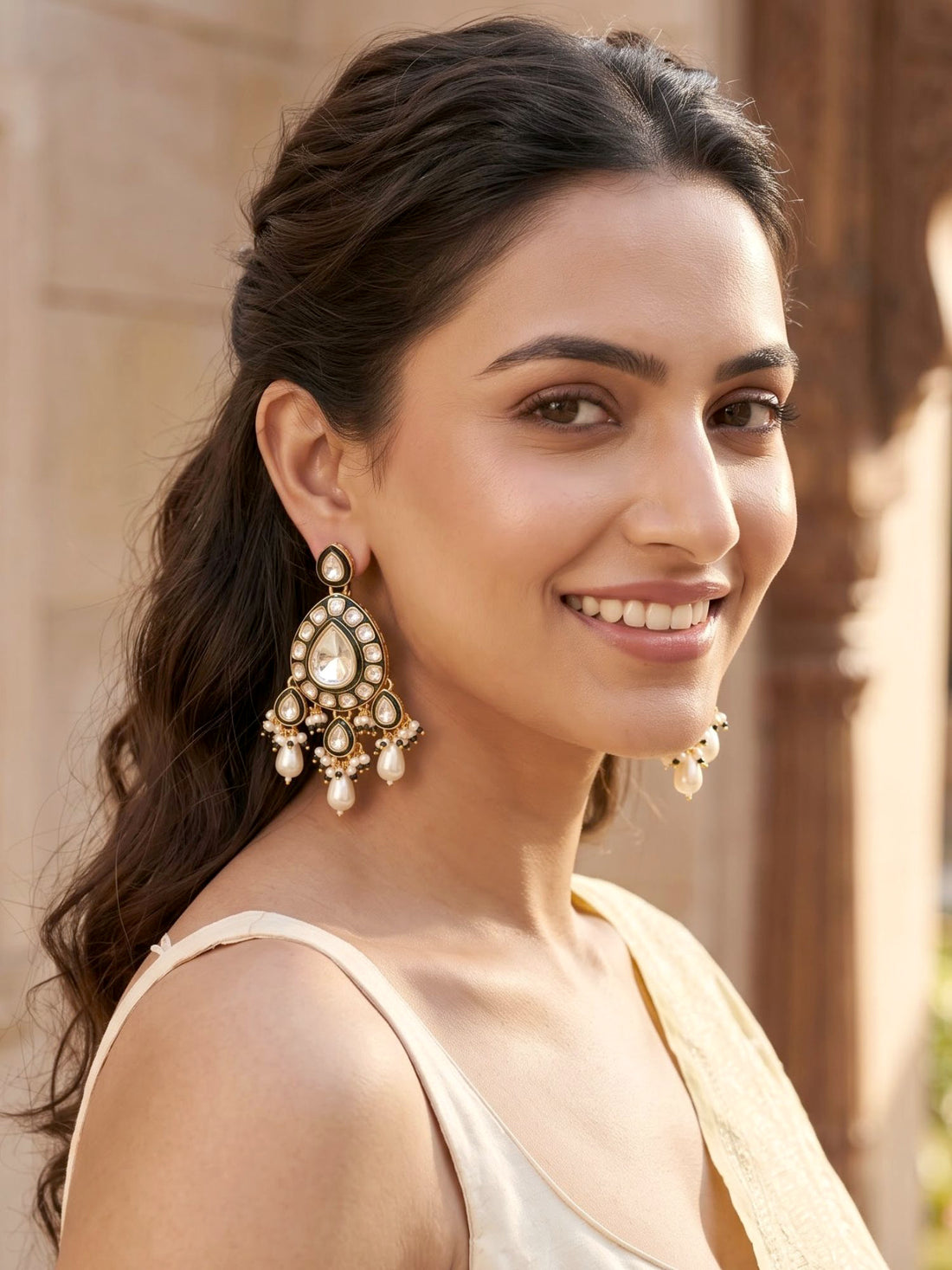 KARATCART Designer Gold-Plated Kundan Polki Green Enamel Pearl Dangler Earrings for Women