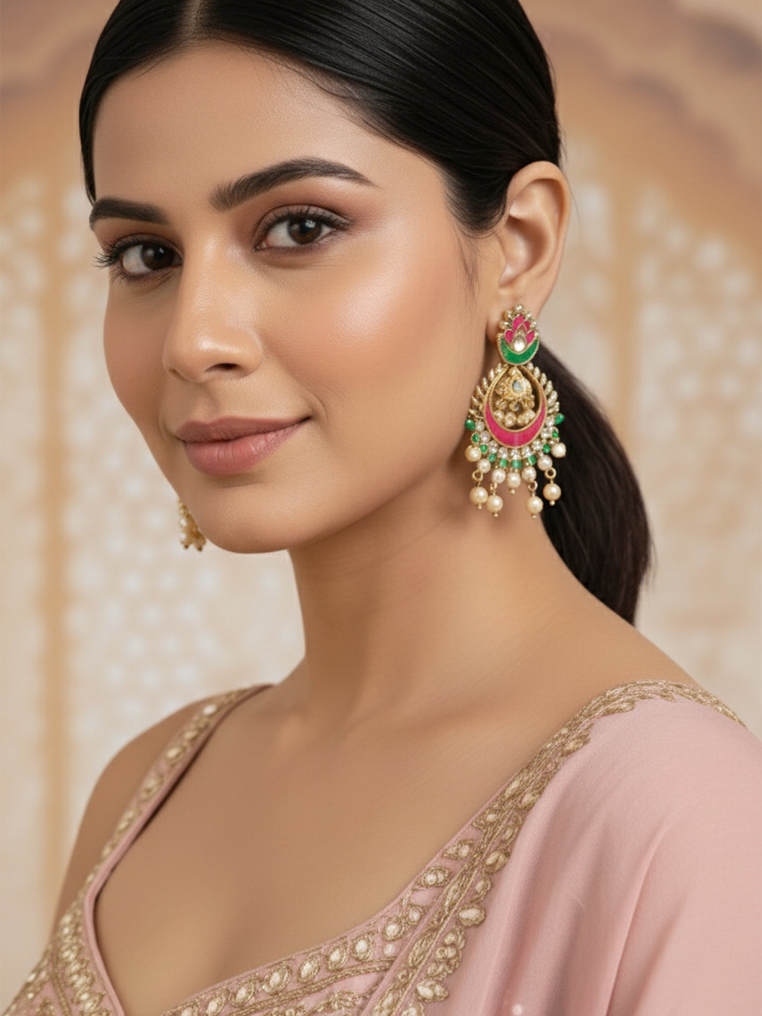 Gold Plated Pearl Beads Red and Green Kundan Chandbali Earrings