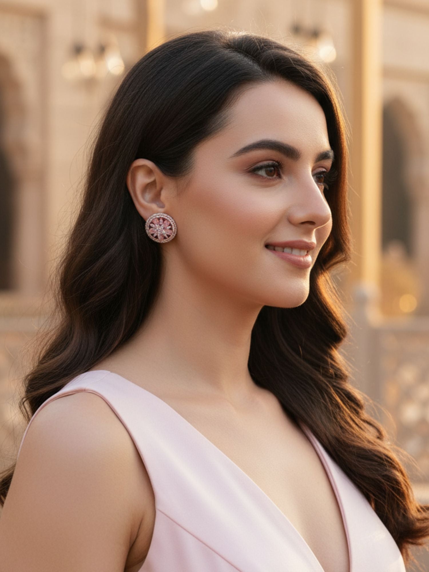 Pink American Diamond Studded Floral Stud Earrings