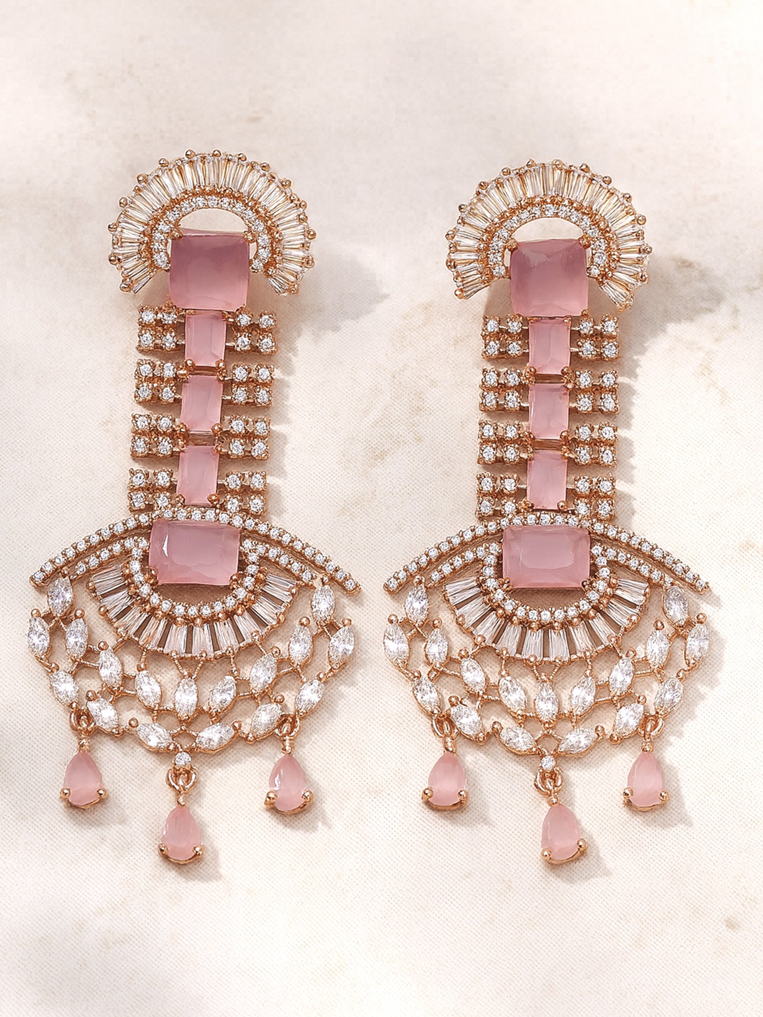 Pink American Diamond and CZ Studded Dangler Earrings