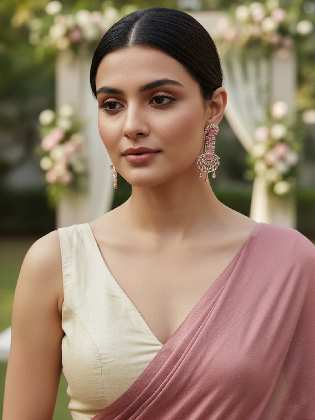 Pink American Diamond and CZ Studded Dangler Earrings