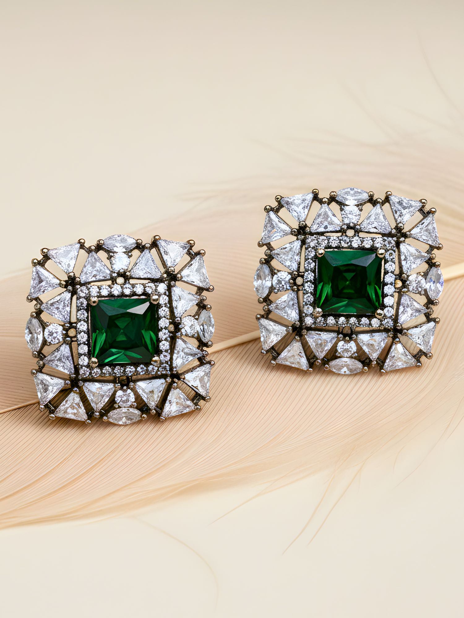 Green American Diamond Studded Classic Stud Earrings