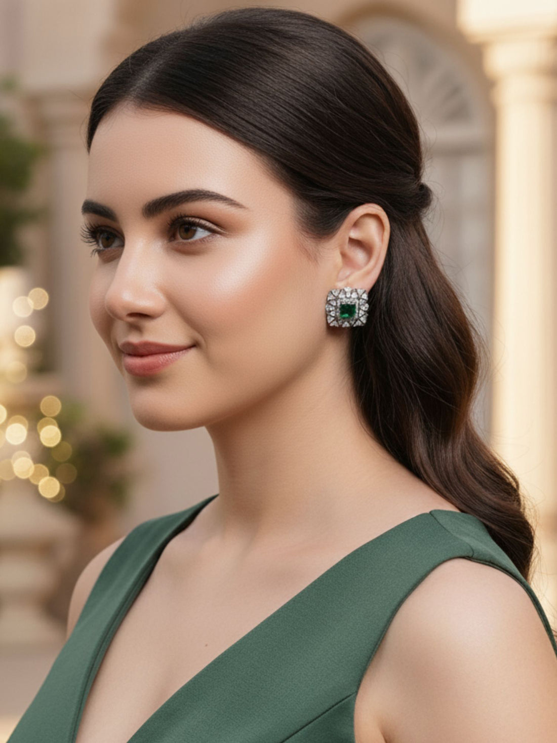 Green American Diamond Studded Classic Stud Earrings