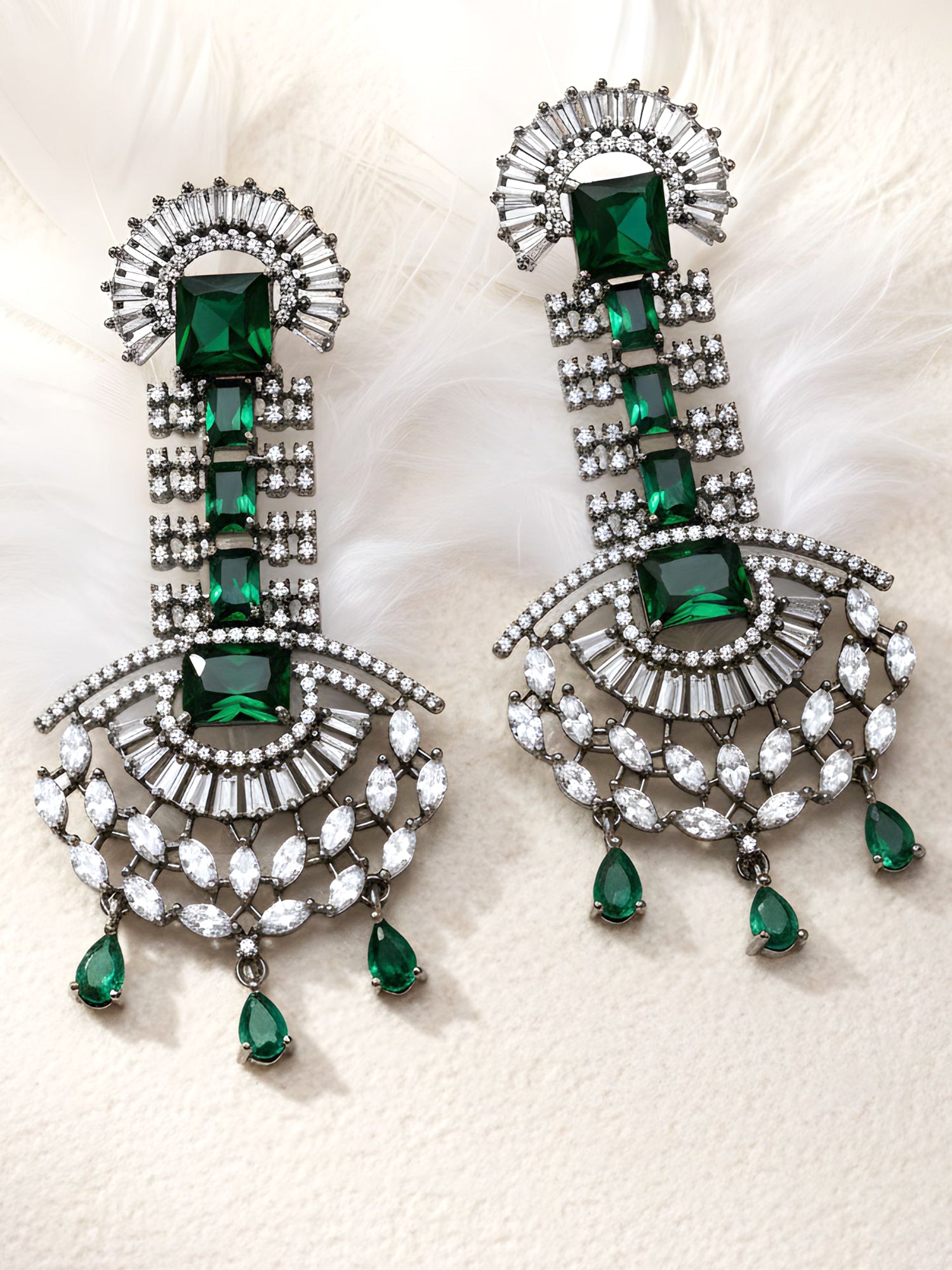Green American Diamond and CZ Studded Dangler Earrings
