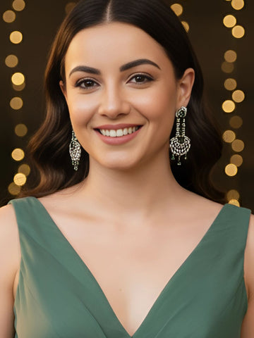 Green American Diamond and CZ Studded Dangler Earrings