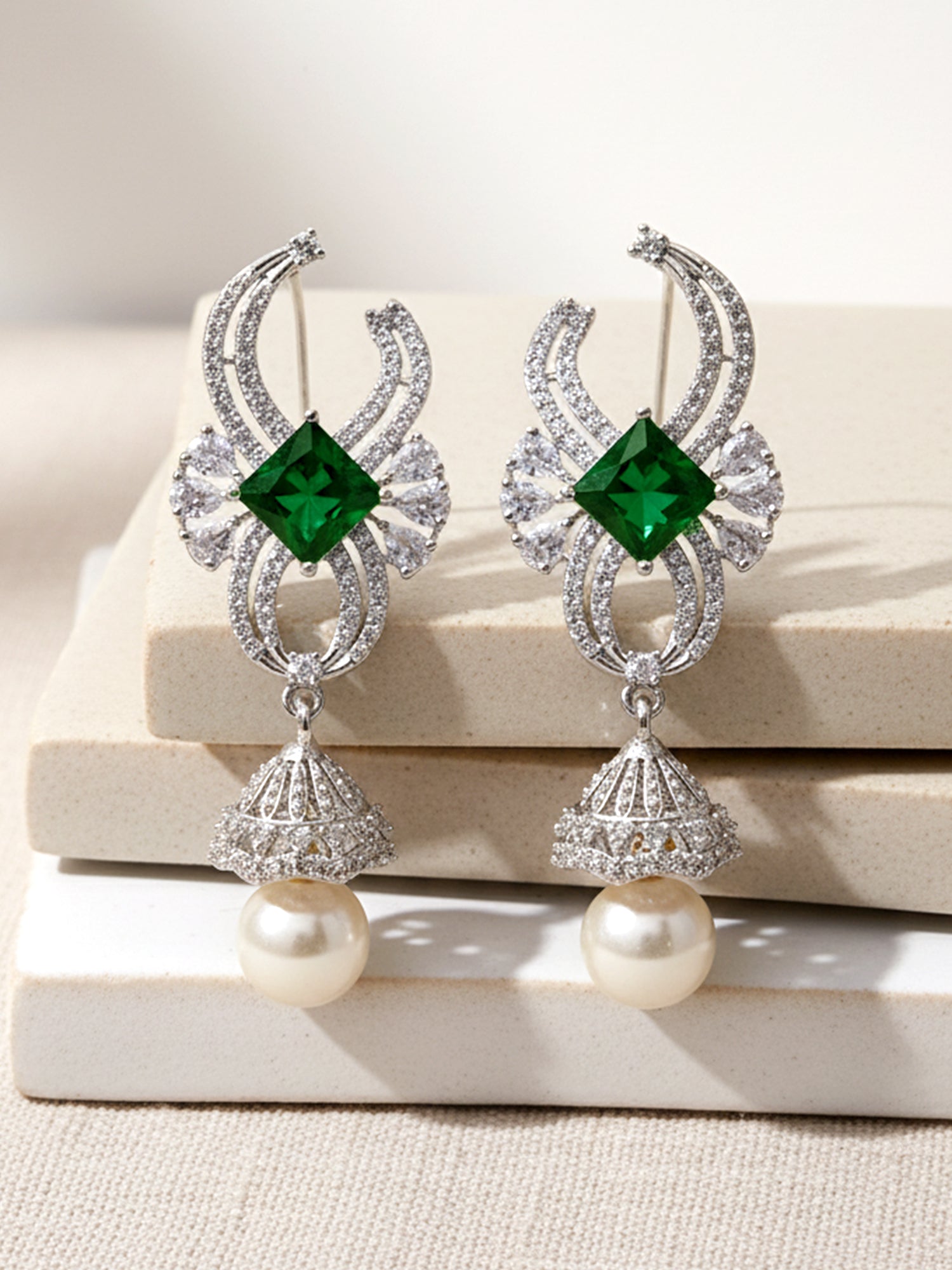Green Cubic Zirconia and American Diamond Studded Jhumki Earrings