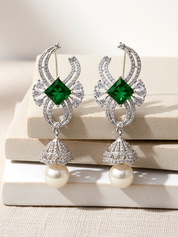 Green Cubic Zirconia and American Diamond Studded Jhumki Earrings