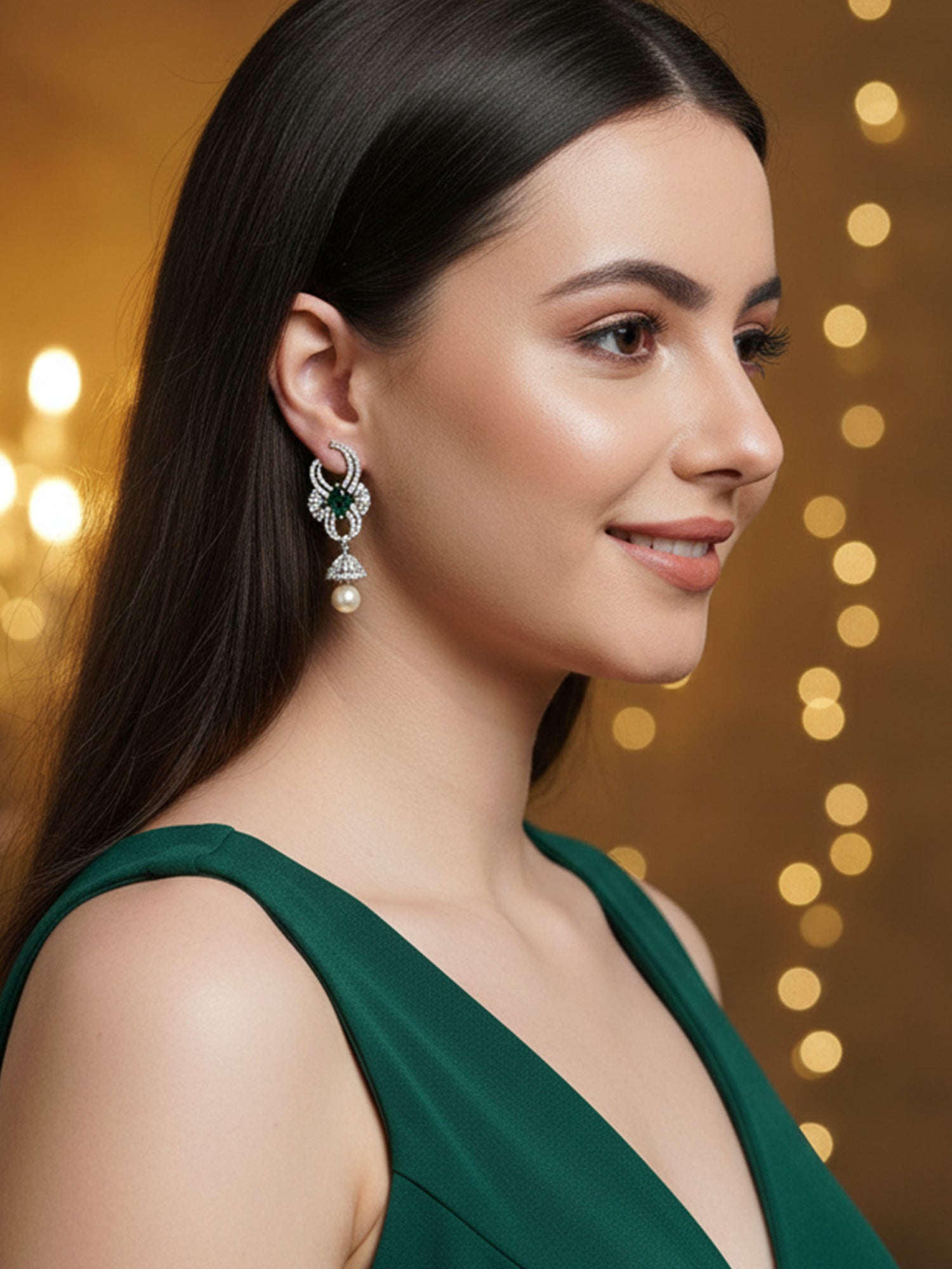Green Cubic Zirconia and American Diamond Studded Jhumki Earrings