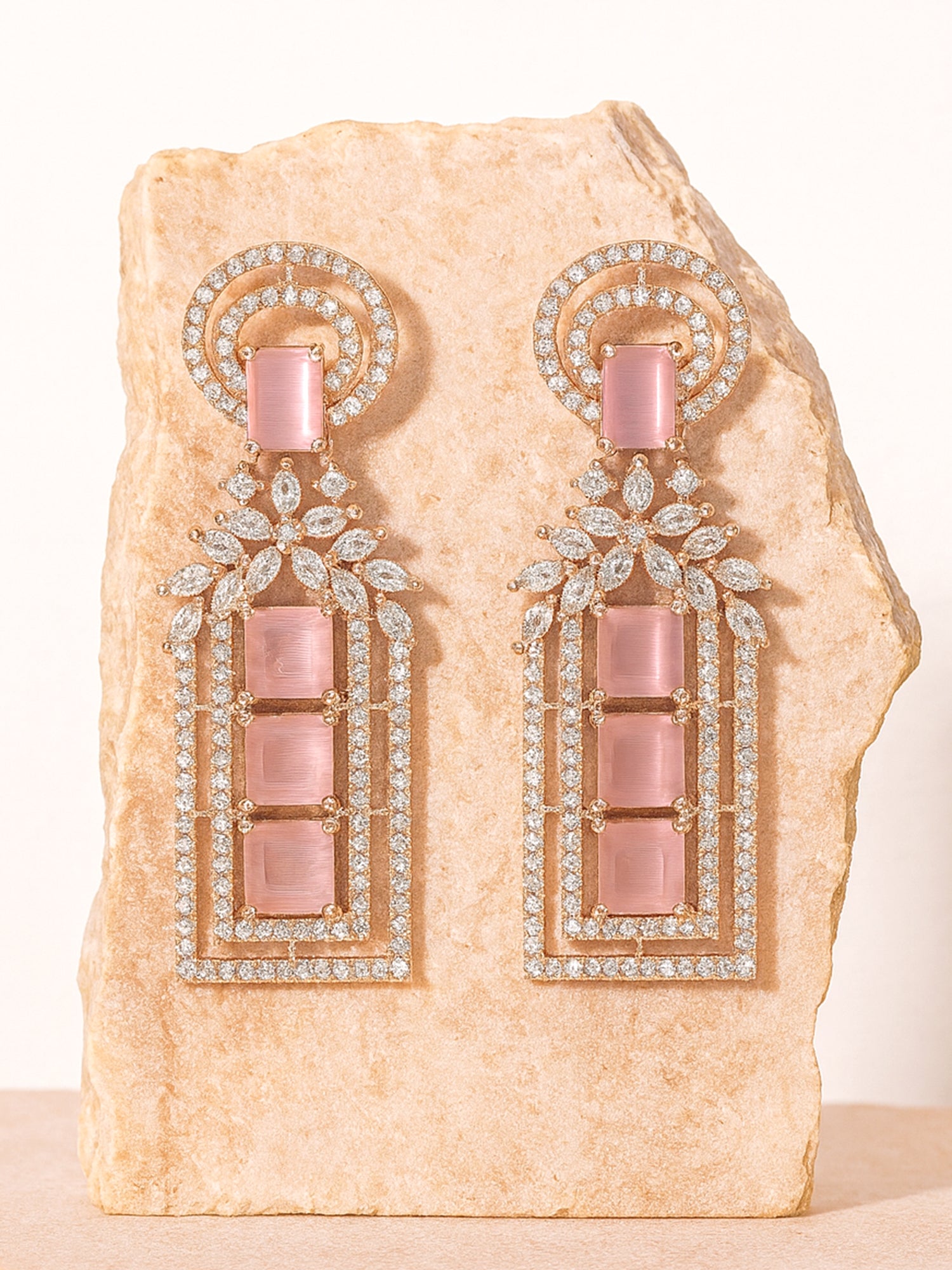 Pink Rose Gold Plated American Diamond Studded Drop Earrings