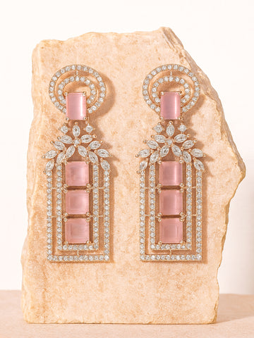 Pink Rose Gold Plated American Diamond Studded Drop Earrings
