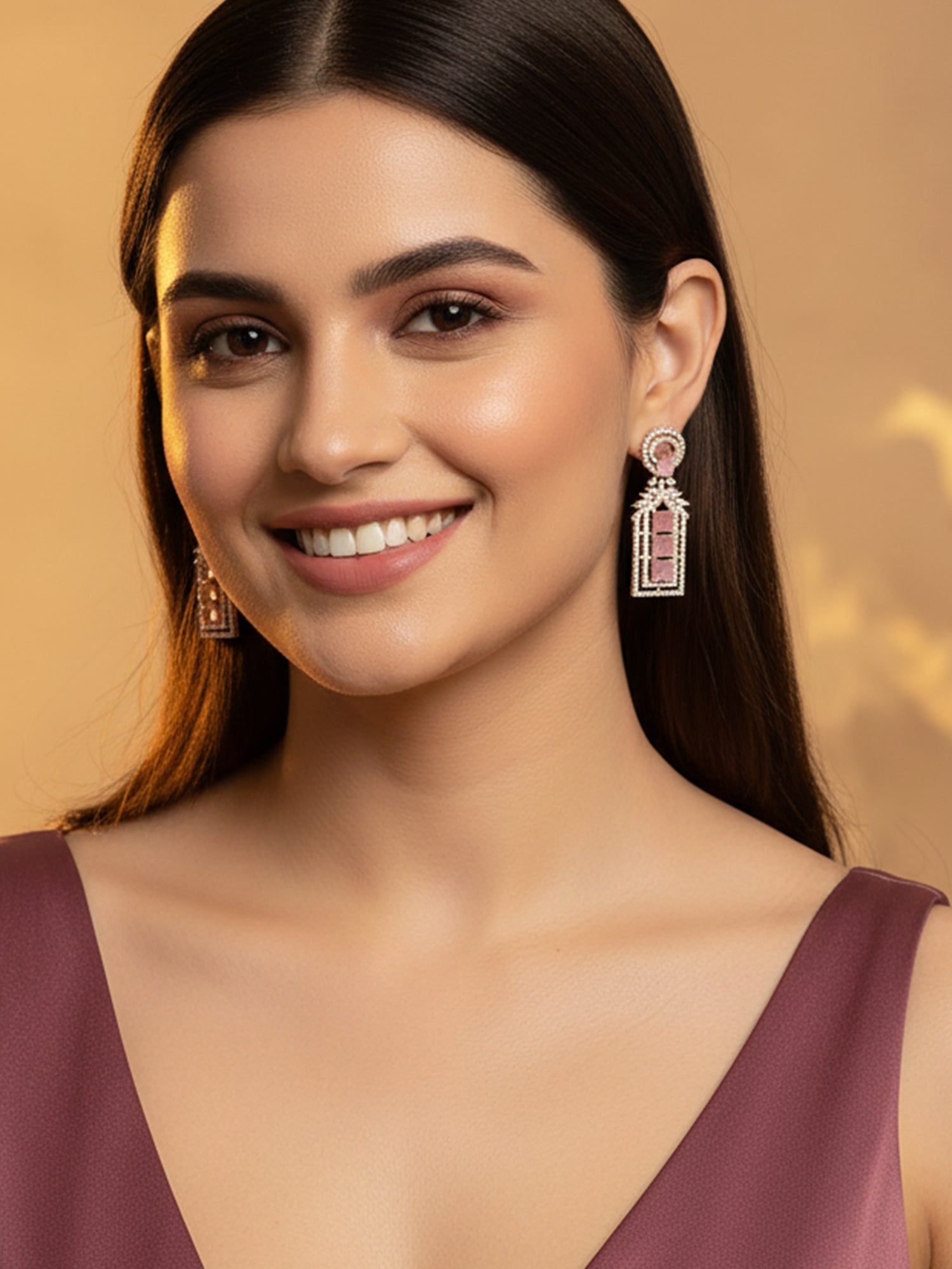 Pink Rose Gold Plated American Diamond Studded Drop Earrings