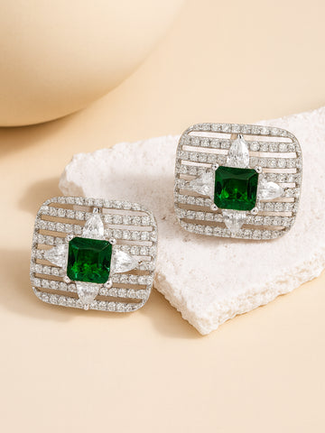 Silver Tone Green Square American Diamond Drop Earrings for Women