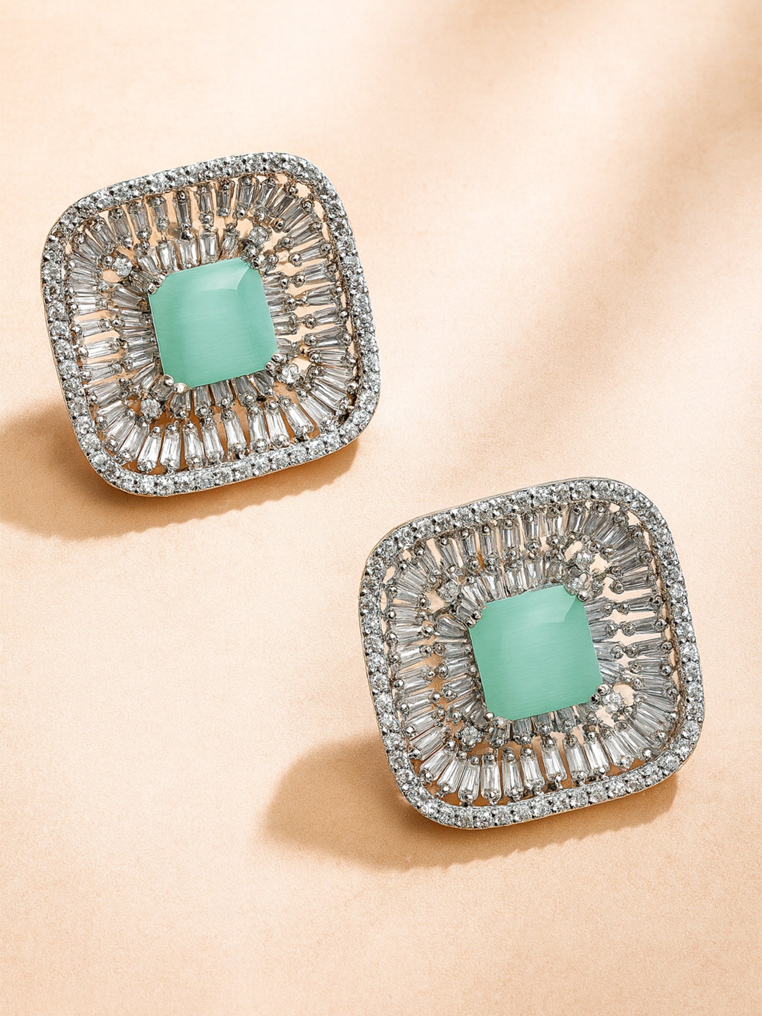 Silver Tone Light Green Square American Diamond Drop Earrings for Women