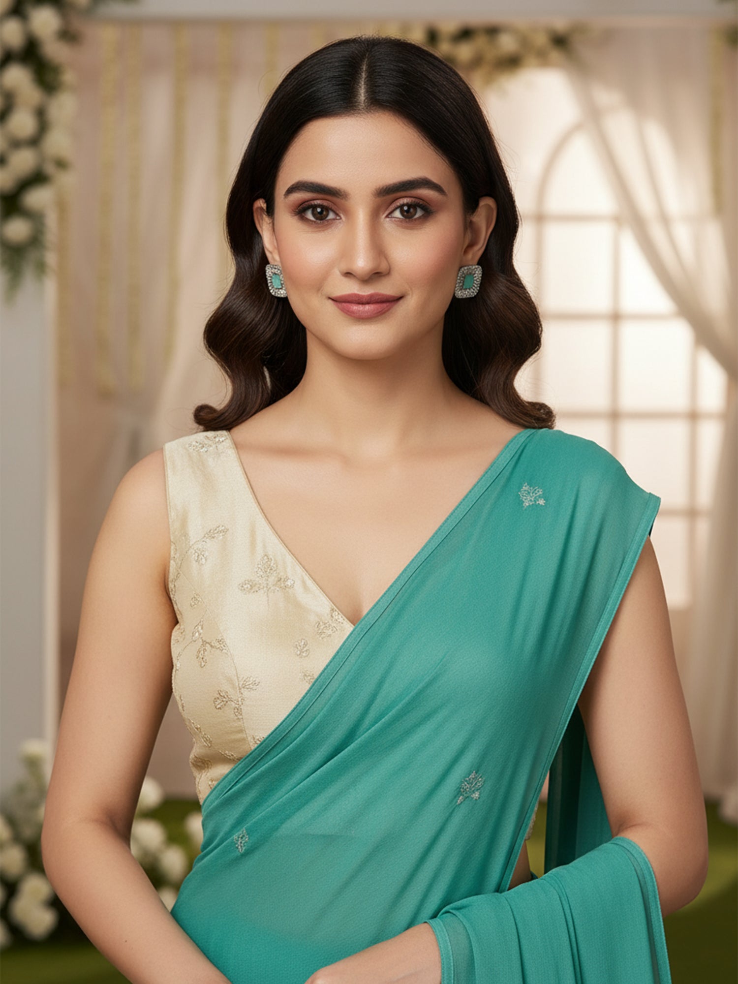 Silver Tone Light Green Square American Diamond Drop Earrings for Women