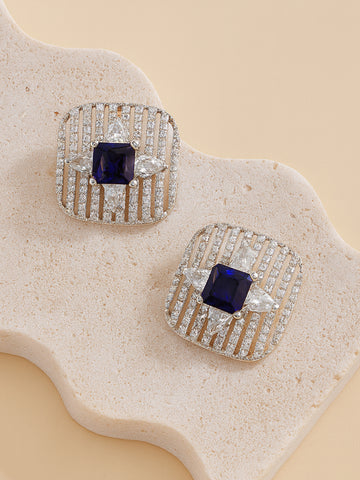 Silver Tone Blue Square American Diamond Drop Earrings for Women