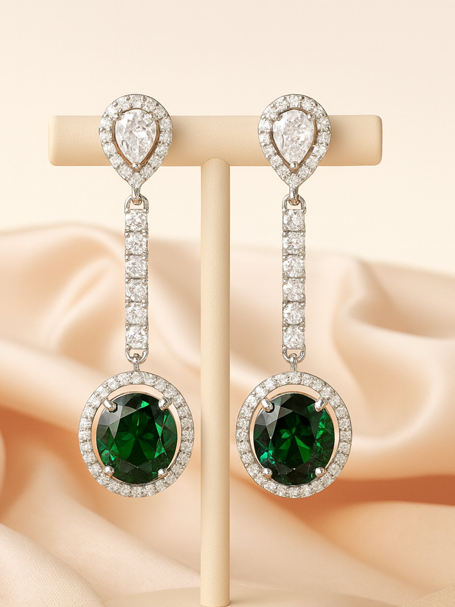 Silver Tone Green American Diamond Drop Earrings for Women