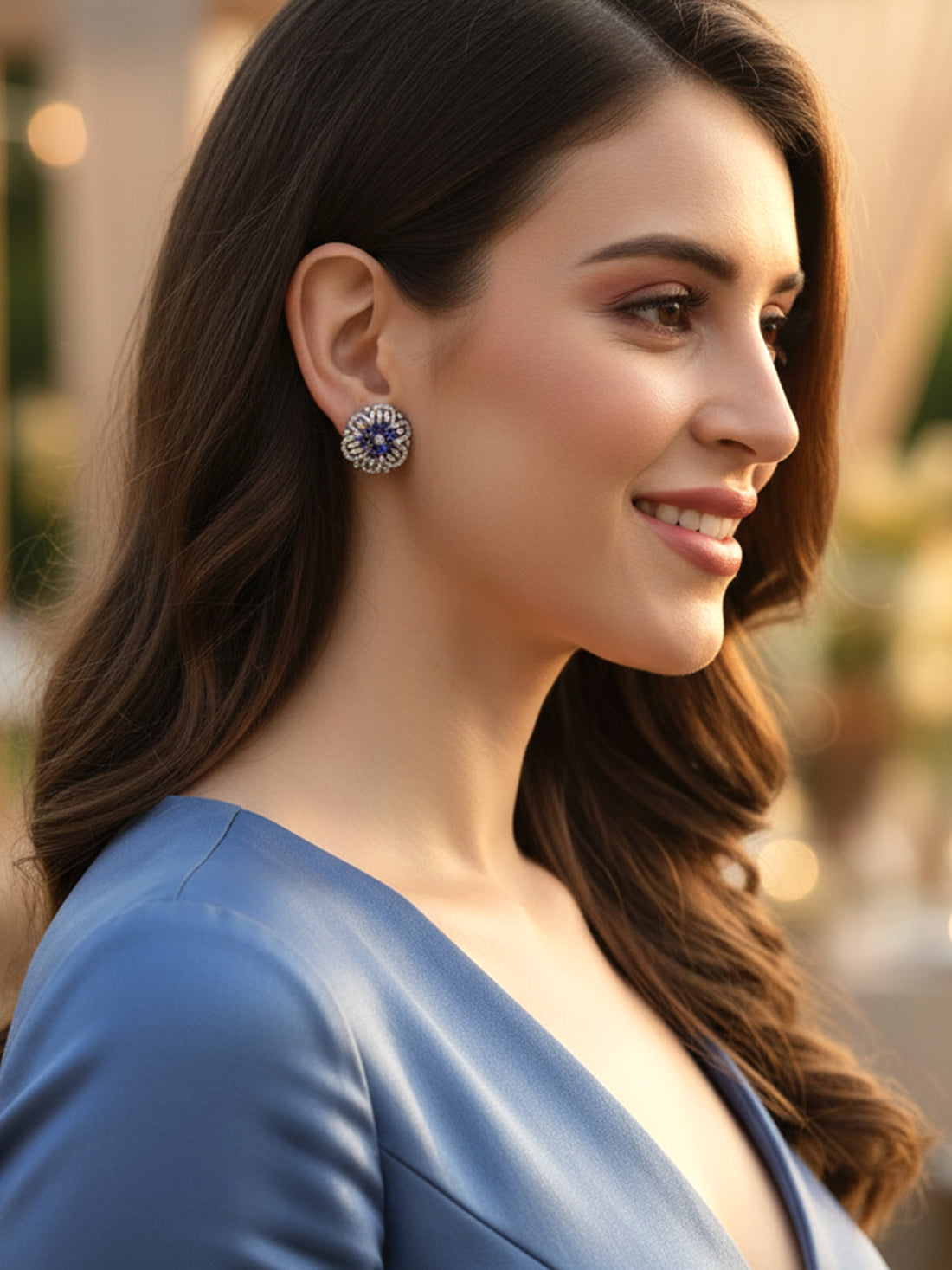 Karatcart Silver Tone American Diamond Studded Blue Stud Earrings for Women