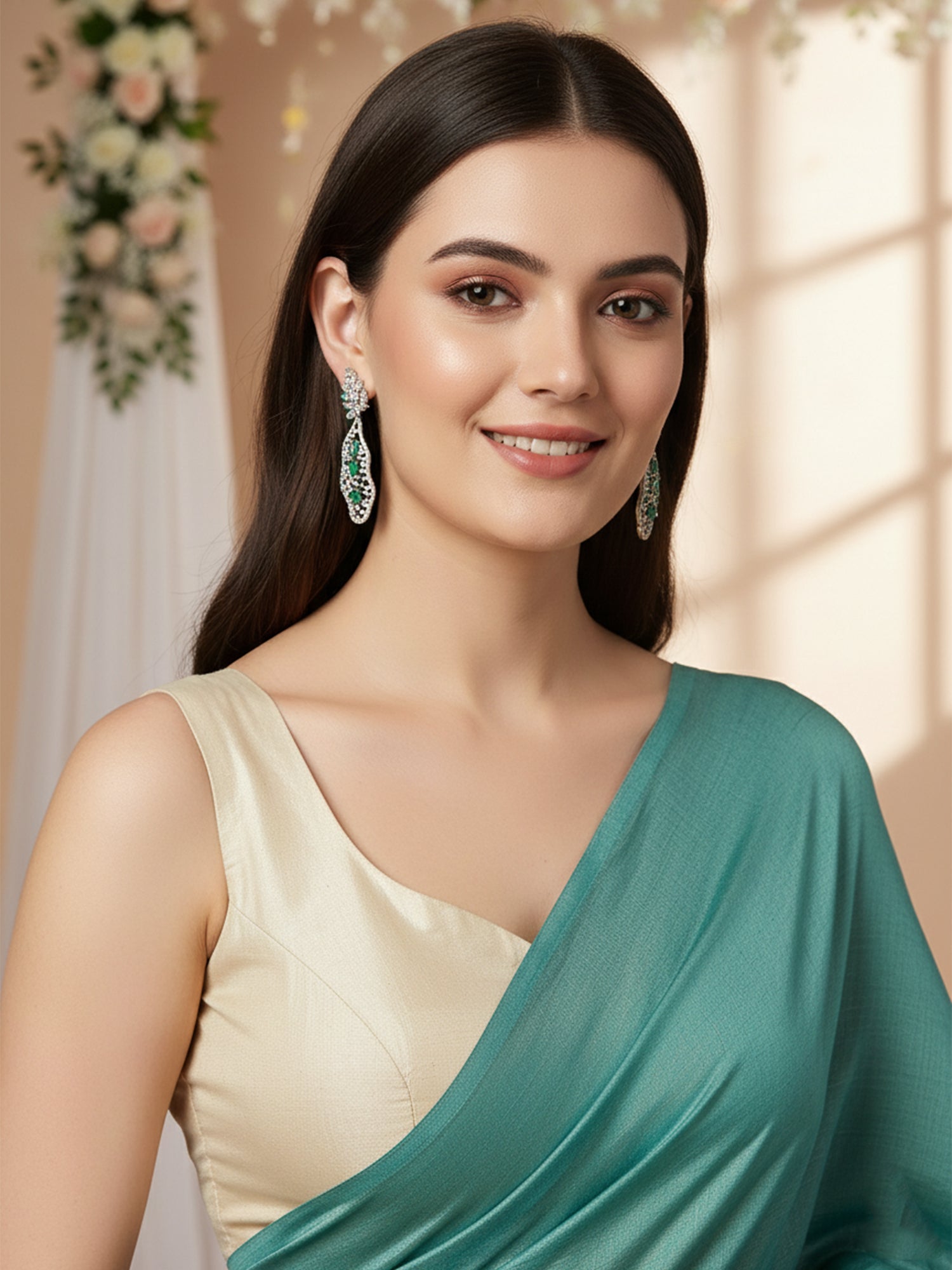 Karatcart Silver Plated Embellished Lime Green CZ Drop Earrings for Women