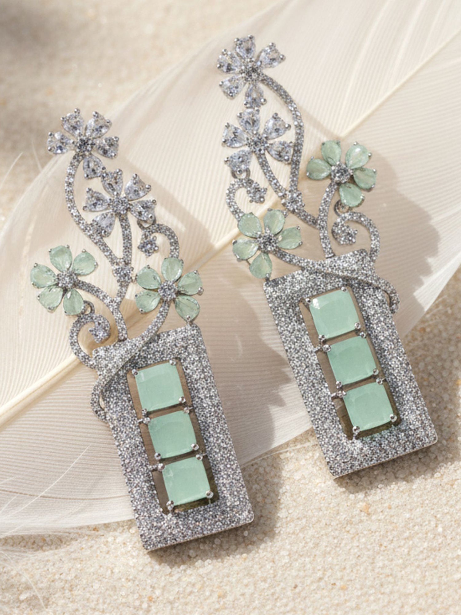 Karatcart Silver Tone Lime Green Cubic Zirconia Studded Floral Drop Earrings for Women