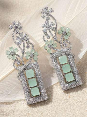 Karatcart Silver Tone Lime Green Cubic Zirconia Studded Floral Drop Earrings for Women