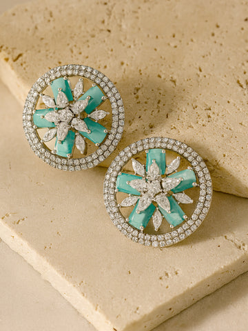 Karatcart Light Green American Diamond Studded Floral Stud Earrings for Women