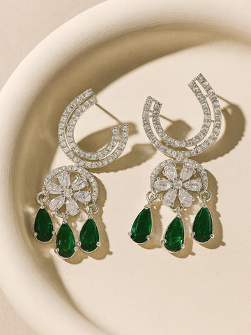 Karatcart Silver Tone Green Cubic Zirconia Studded Dangler Earrings for Women