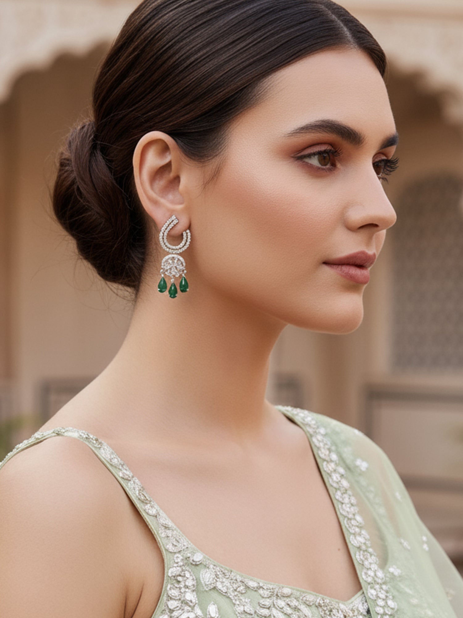 Karatcart Silver Tone Green Cubic Zirconia Studded Dangler Earrings for Women