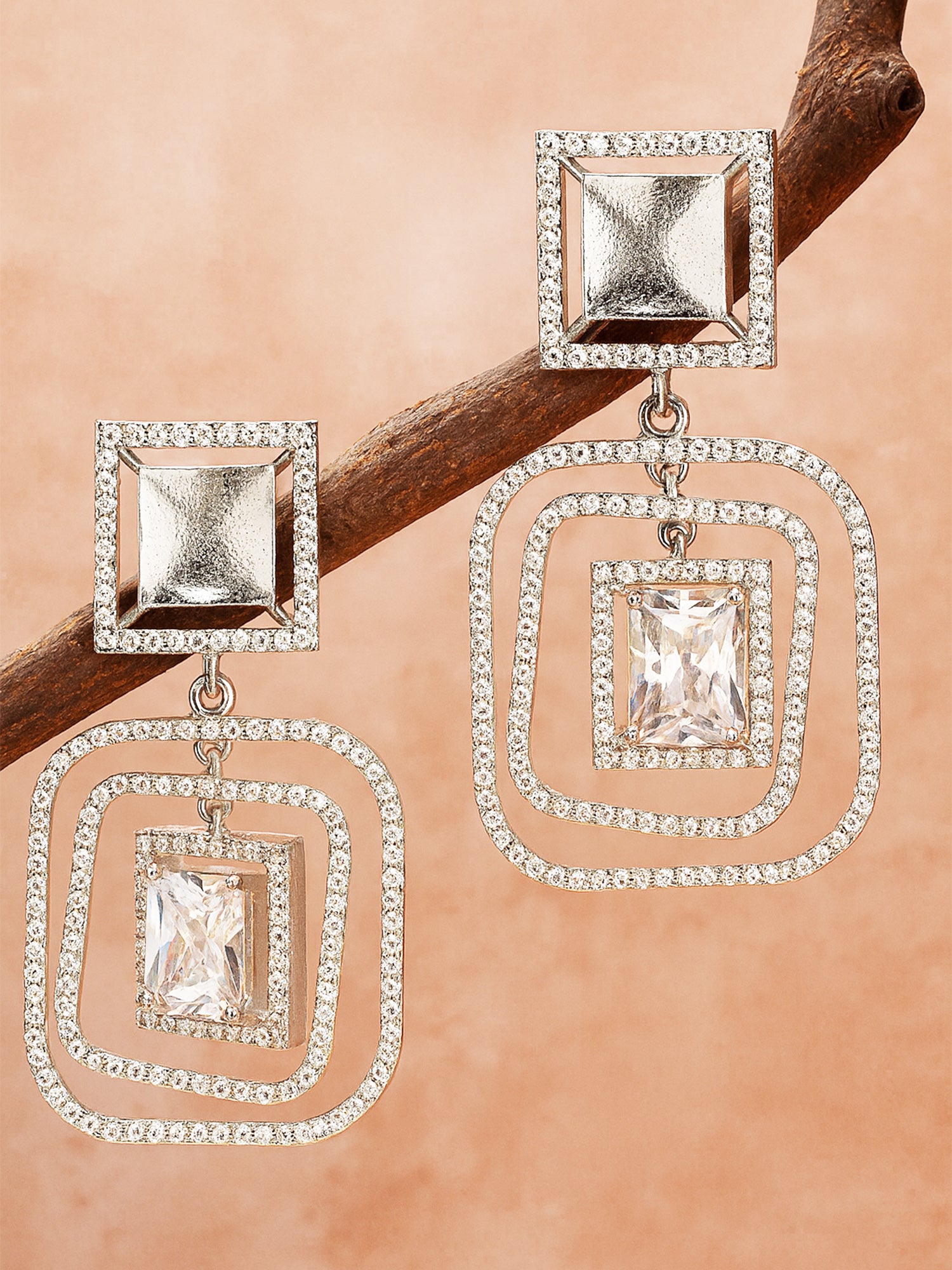Karatcart Silver Tone Cubic Zirconia Studded Square Dangler Earrings for Women