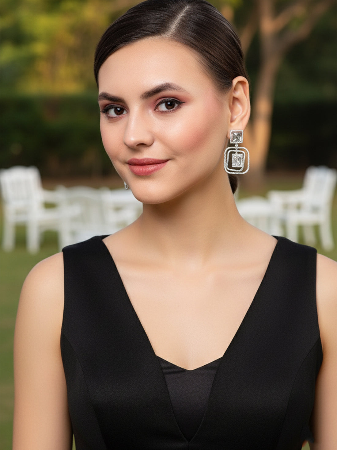 Karatcart Silver Tone Cubic Zirconia Studded Square Dangler Earrings for Women