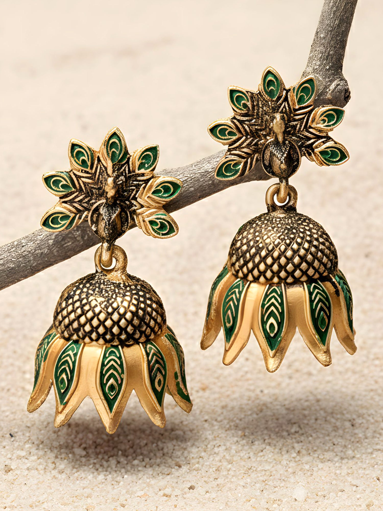 Karatcart Gold Plated Peacock Design Green Jhumki Earrings for Women