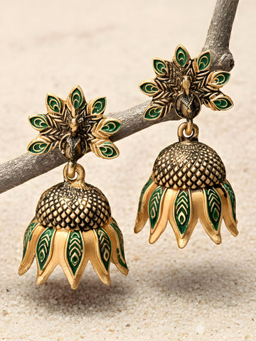 Karatcart Gold Plated Peacock Design Green Jhumki Earrings for Women