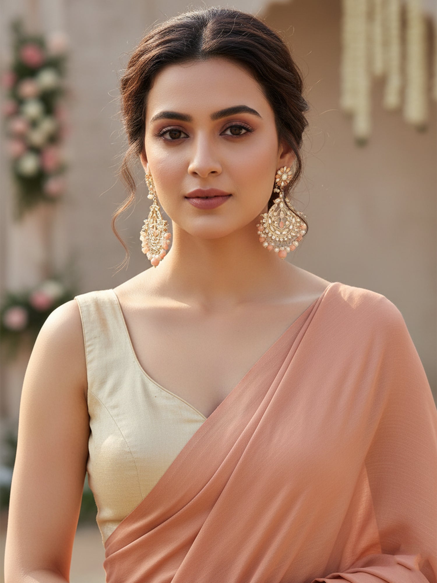 Karatcart Gold Plated Peach Beads and Pearl Studded Kundan Dangler Earrings for Women