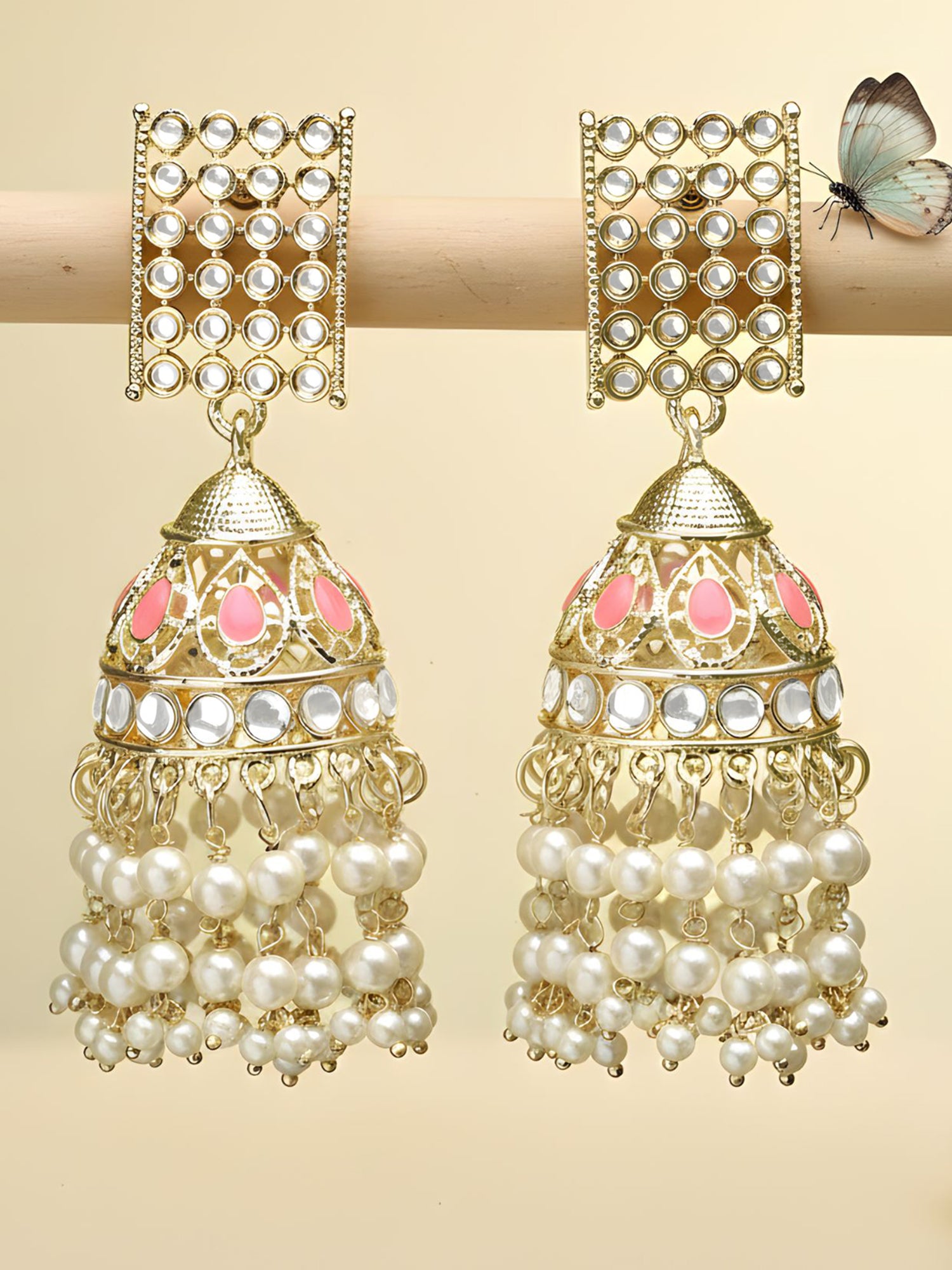 Karatcart Gold Plated Pink and Pearl Studded Kundan Dangler Earrings for Women