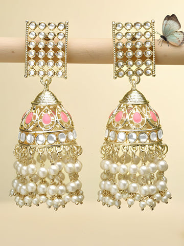 Karatcart Gold Plated Pink and Pearl Studded Kundan Dangler Earrings for Women