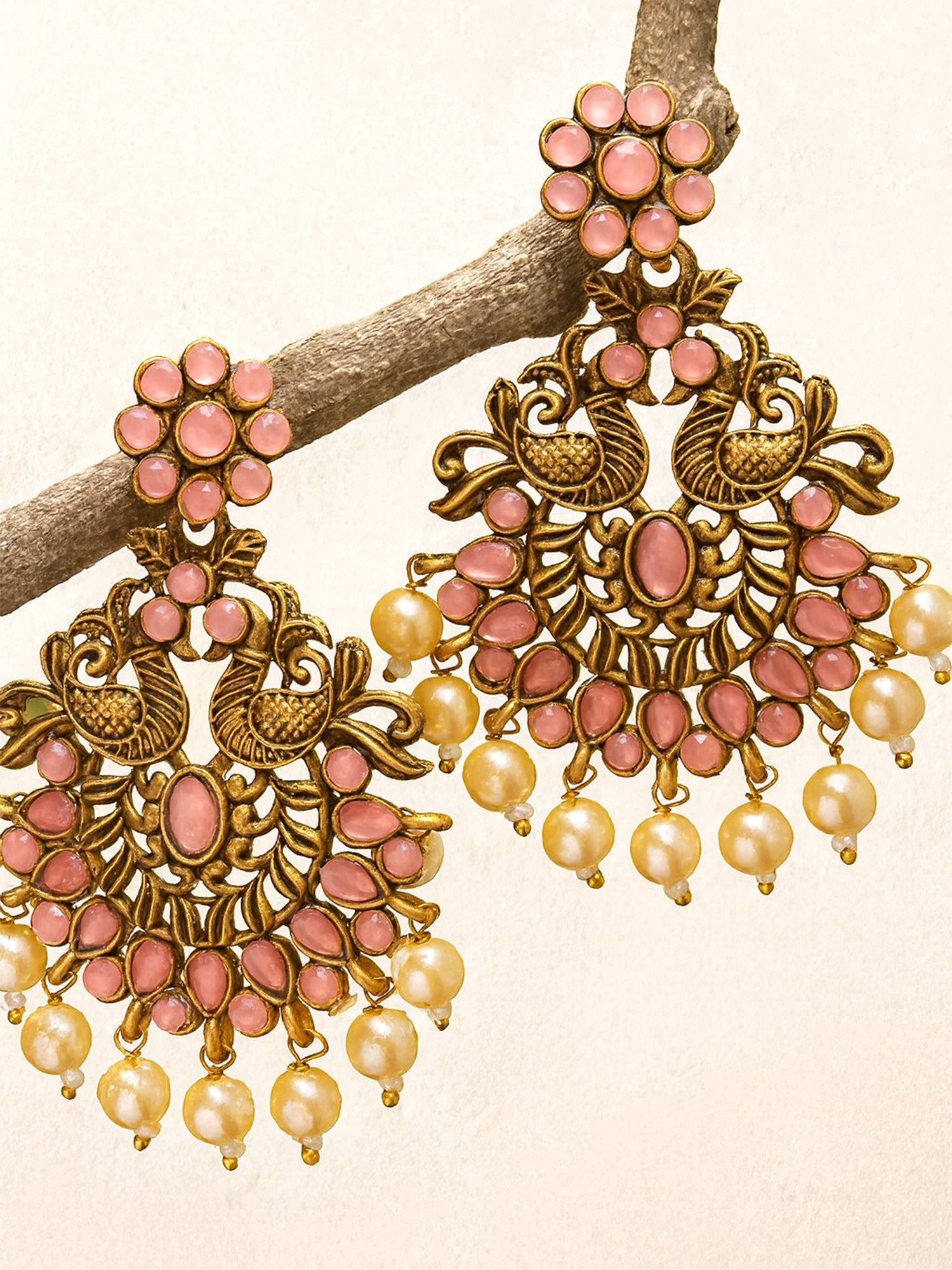 Karatcart Antique Gold Plated Pink and Golden Pearl Studded Dangler Earrings for Women