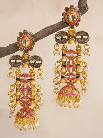 Karatcart Antique Gold Plated Pink Kundan Drop Earrings for Women