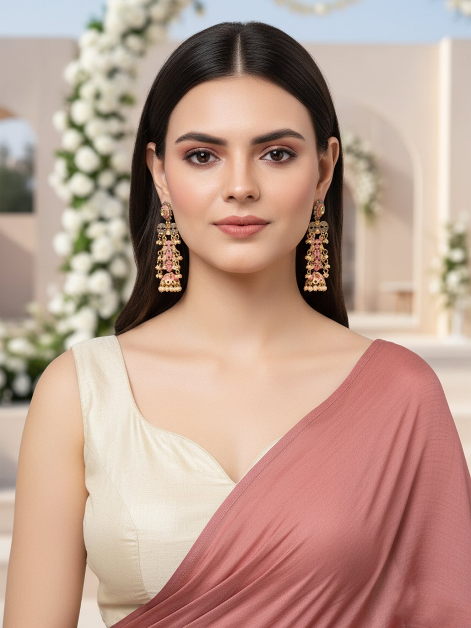 Karatcart Antique Gold Plated Pink Kundan Drop Earrings for Women