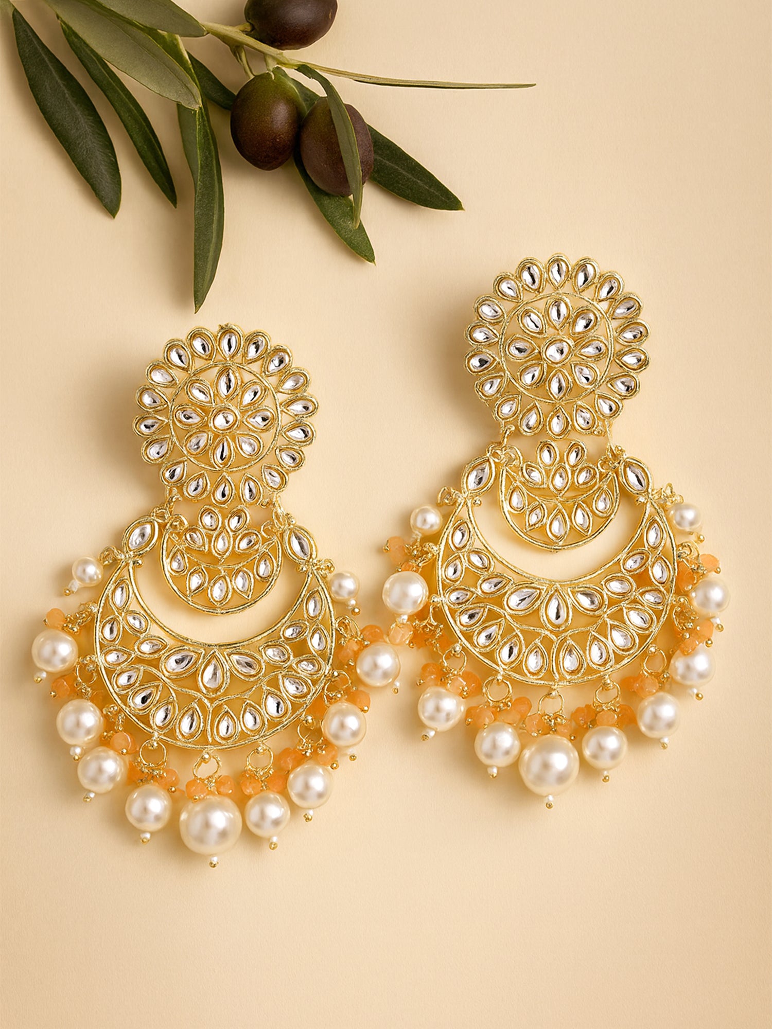 Karatcart Gold Plated Peach and Pearl Beads Studded Kundan Dangler Earrings for Women