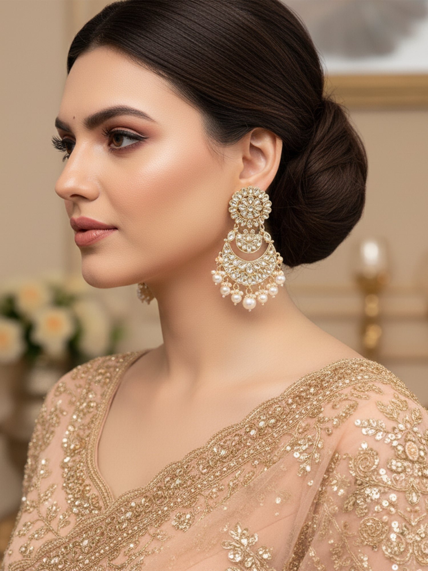 Karatcart Gold Plated Peach and Pearl Beads Studded Kundan Dangler Earrings for Women