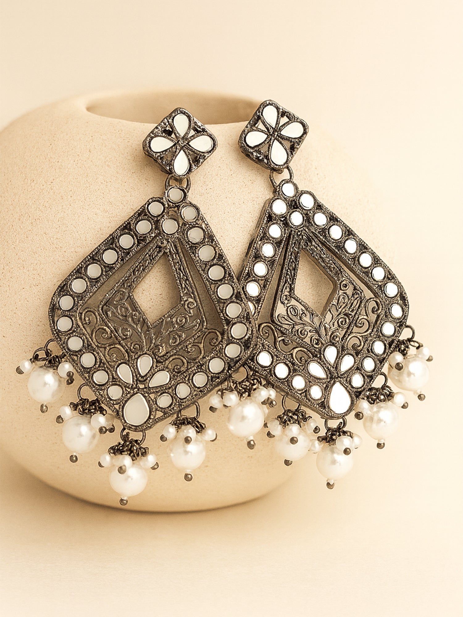 Karatcart Black Silver Plated Mirror Studded Diamond Shape Dangler Earrings for Women
