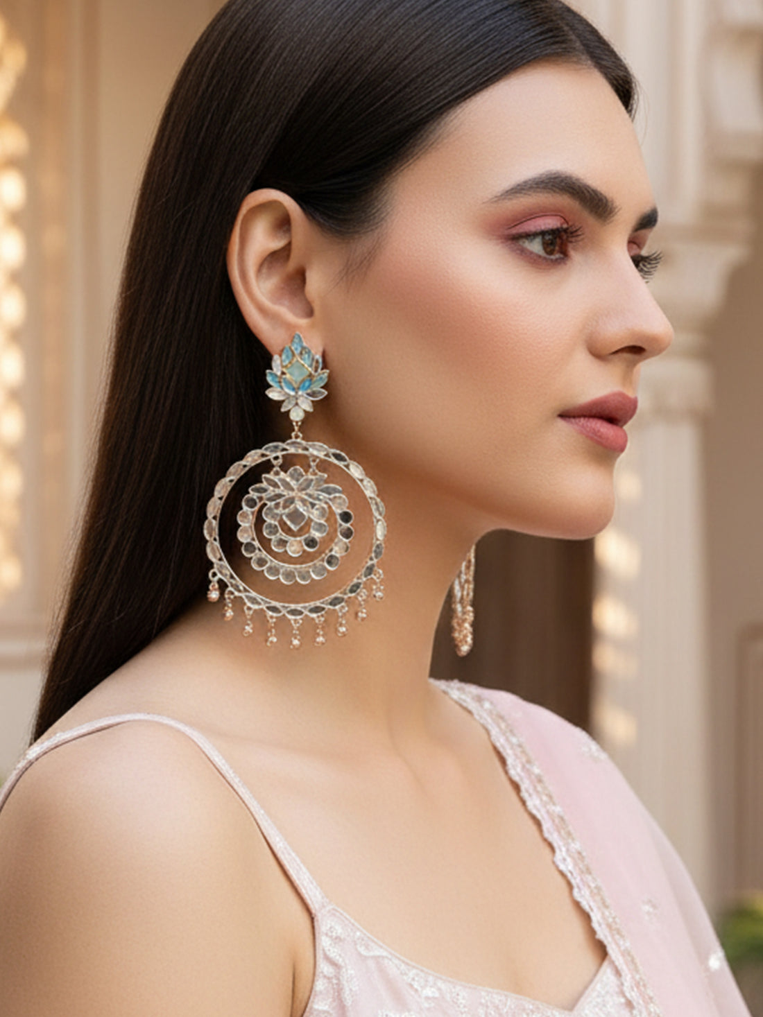 Karatcart Rose Gold Plated Mirror Studded Round Shape Dangler Earrings for Women