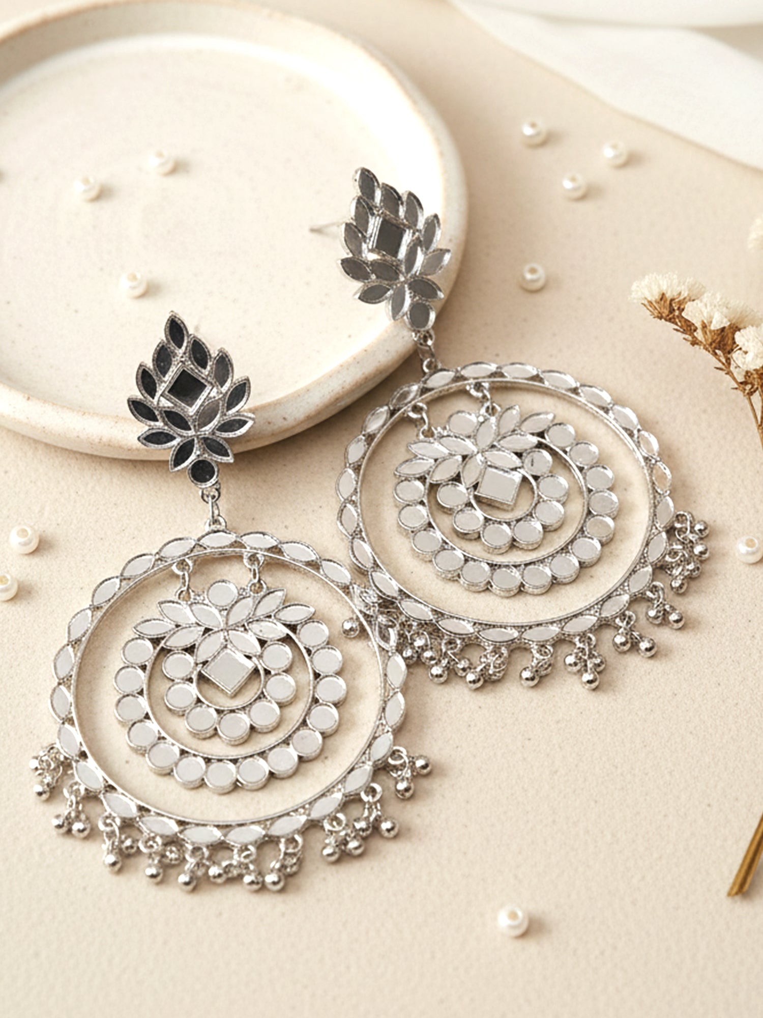 Karatcart Black Silver Plated Mirror Studded Round Shape Dangler Earrings for Women