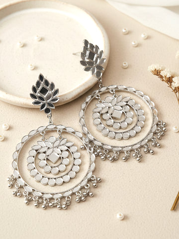 Karatcart Black Silver Plated Mirror Studded Round Shape Dangler Earrings for Women