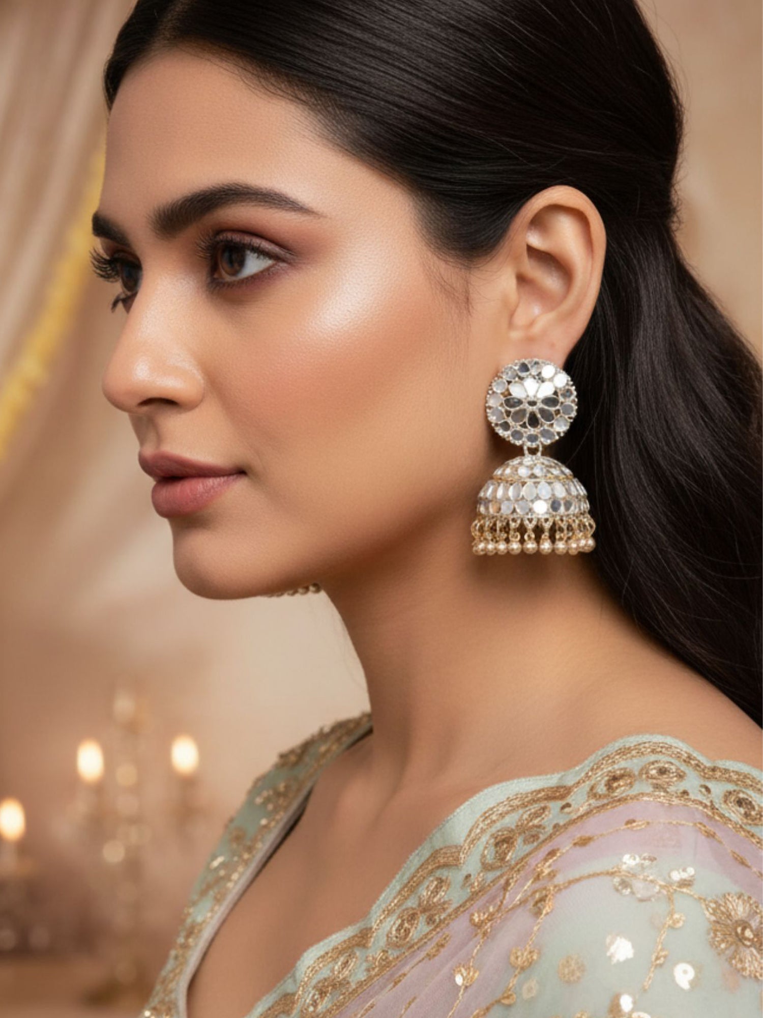 Karatcart Gold Plated Mirror Studded Jhumki Earrings for Women