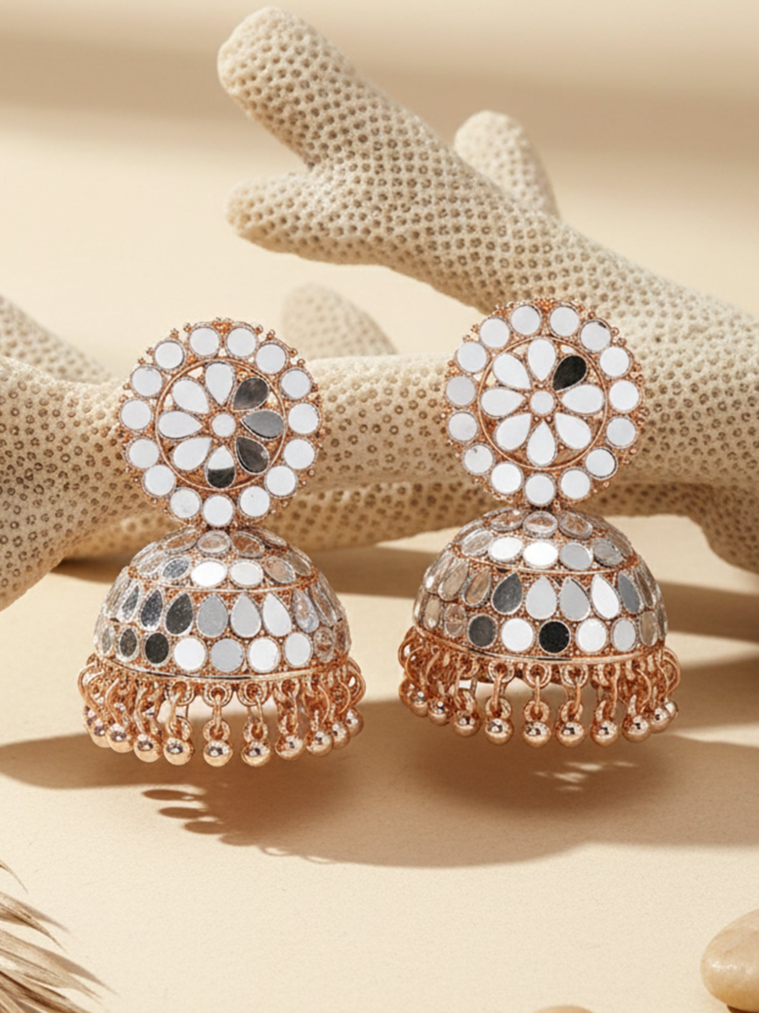 Karatcart Rose Gold Plated Mirror Studded Jhumki Earrings for Women