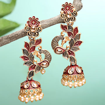 Maroon Peacock Shaped Jhumkas Earrings