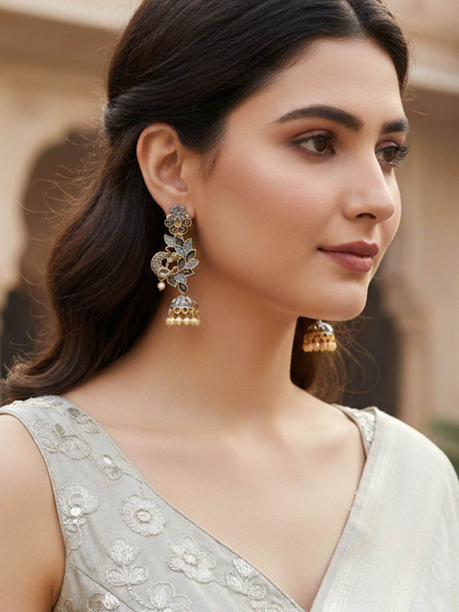Karatcart Gold Plated Peacock Shape Grey Kundan Dangler Jhumki Earrings for Women