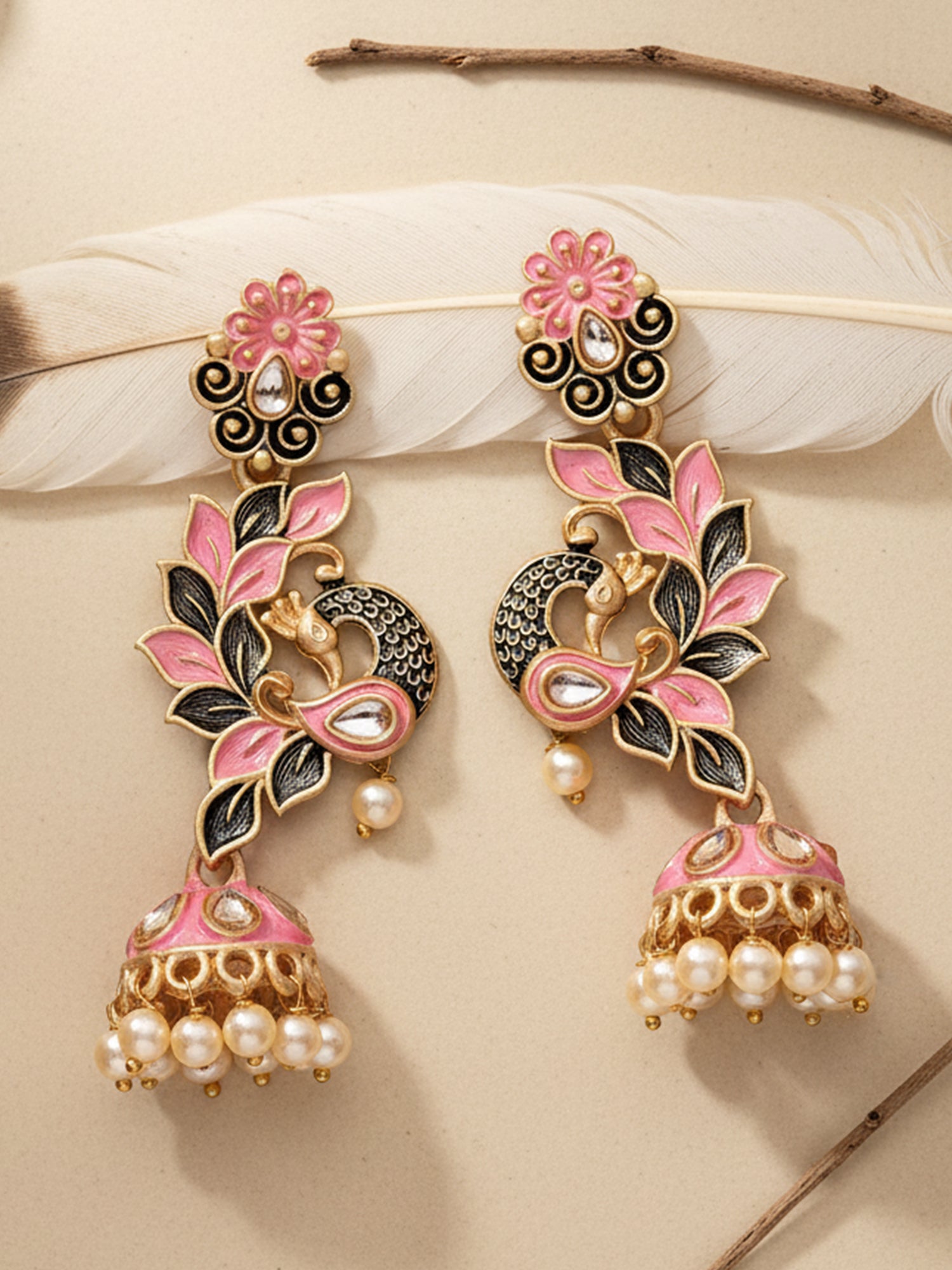 Karatcart Gold Plated Peacock Shape Pink Kundan Dangler Jhumki Earrings for Women