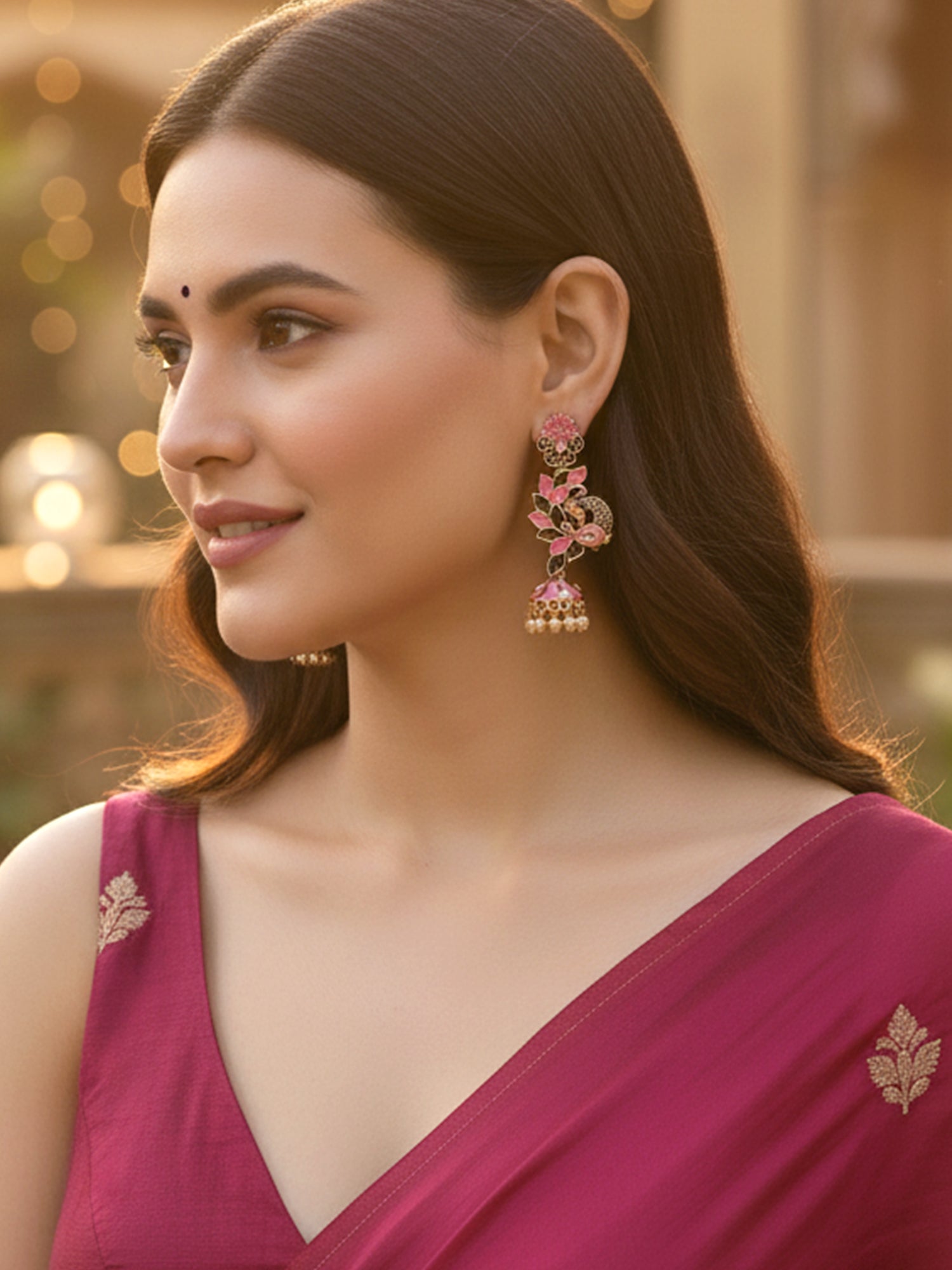 Karatcart Gold Plated Peacock Shape Pink Kundan Dangler Jhumki Earrings for Women